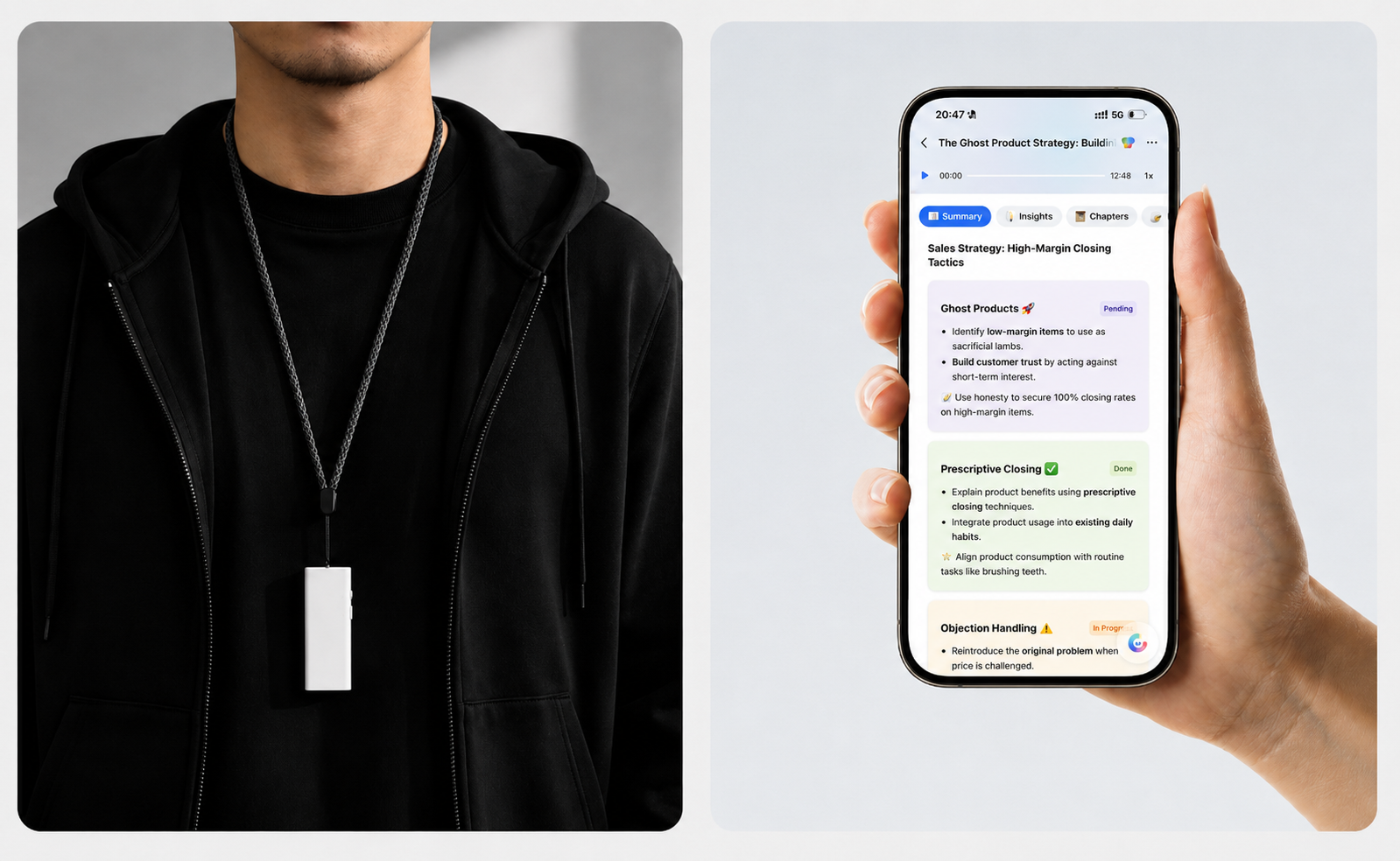 Wearable Echo AI note taker turns conversations into transcripts and structured summary with insights, chapters and more.