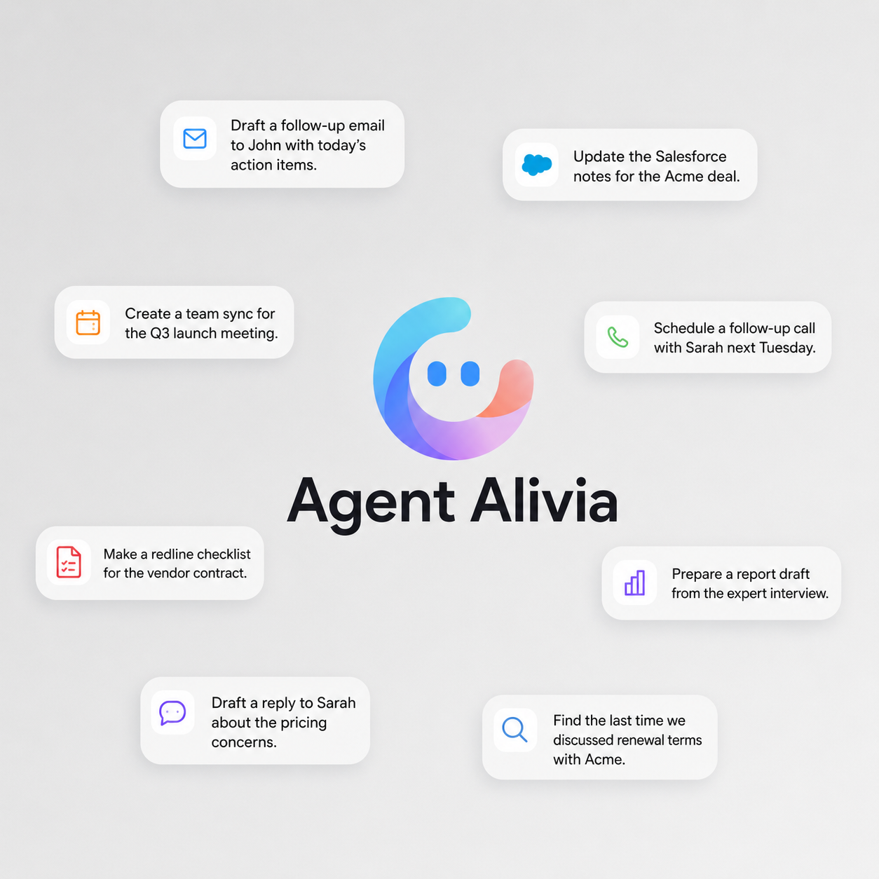 Echo's built-in Agent Alivia for emails, CRM updates, reports, meetings, and more.