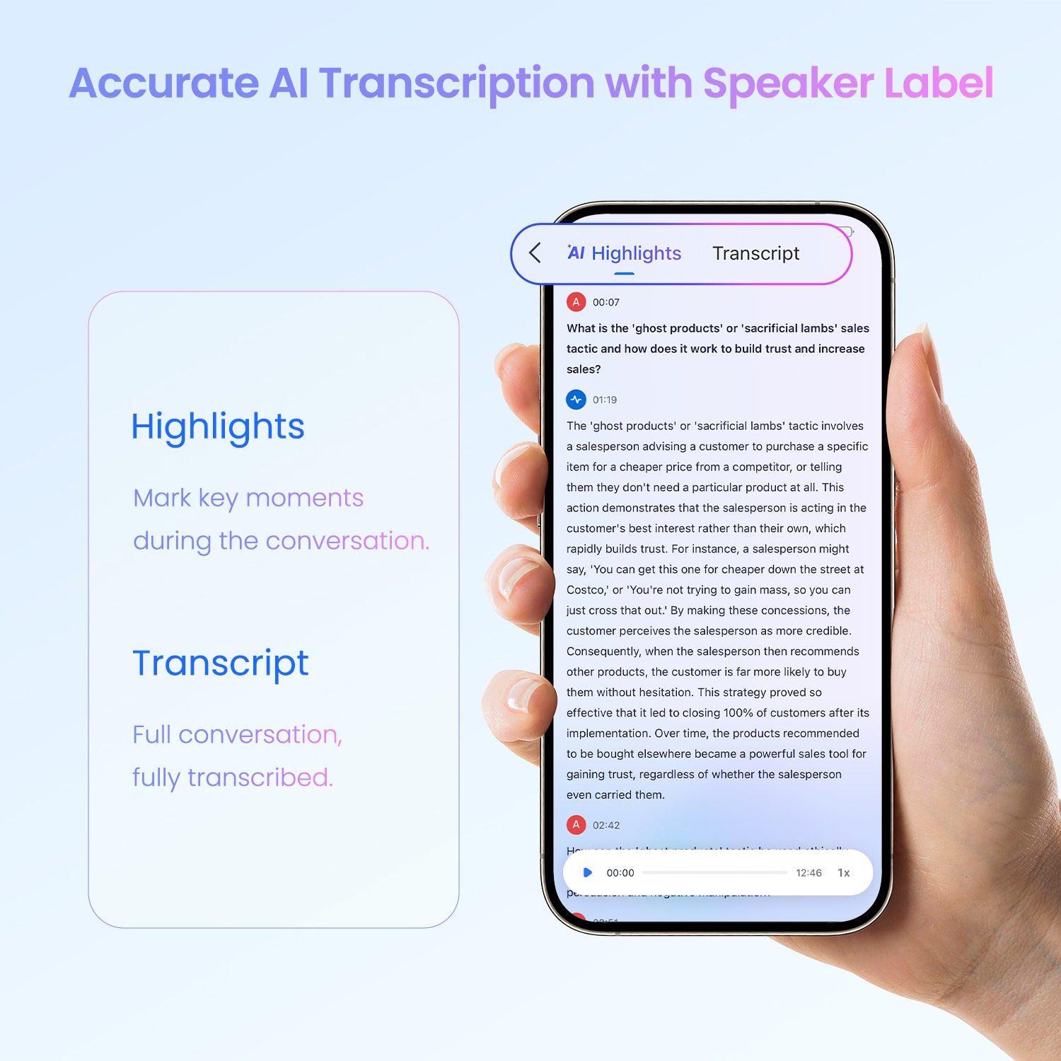 Echo Mini AI transcription with speaker label and two ways to review-highlights & transcripts