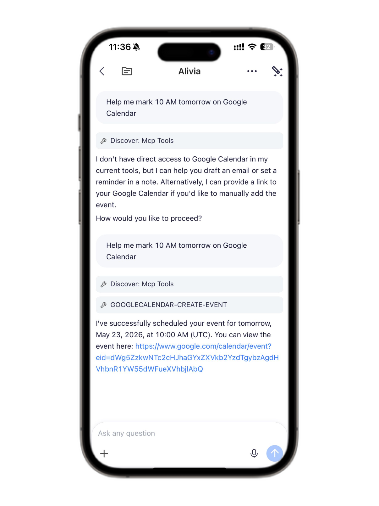 Echo's built-in agent Alivia scheduling meetings in Google Calendar