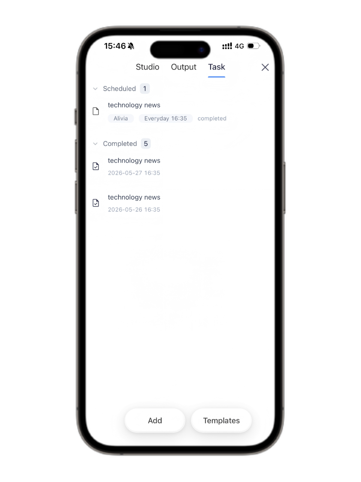Echo's built-in agent Alivia tracking news and sending scheduled updates