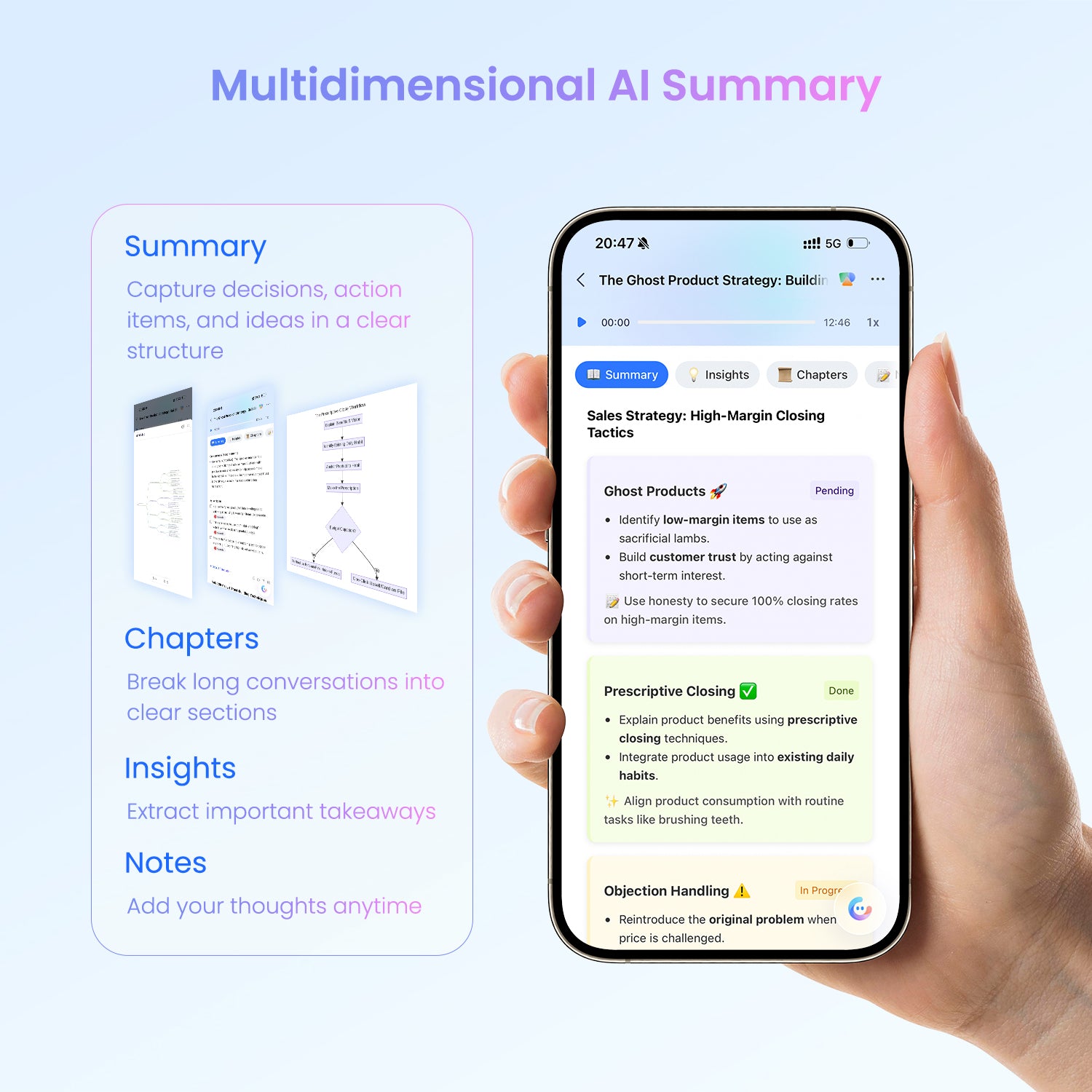 Echo multidimensional AI summary with decisions, action items, chapters insights, and you can adding notes