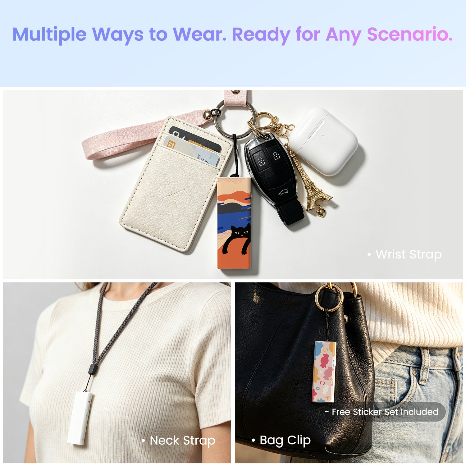 Multiple ways to wear Echo Mini with strap, keychain, bag clip