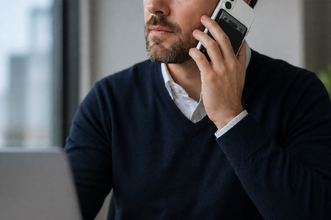 Echo Pro AI note taker attached to a smartphone for phone call recording