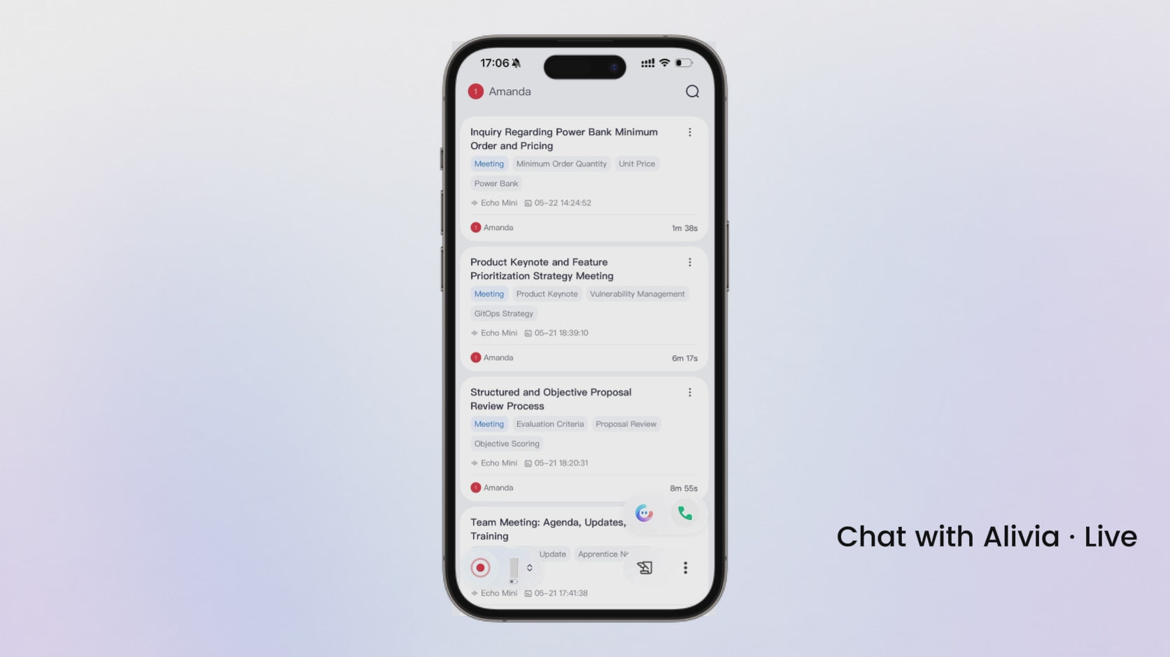 Echo's built-in Agent Alivia chat interface for task commands helping complete post-conversation work